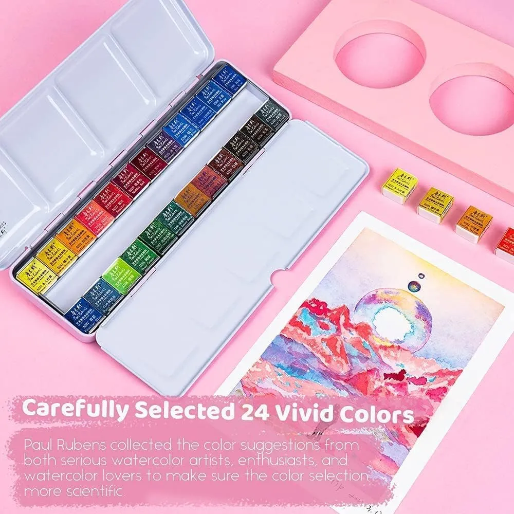 Paul Rubens Professional Watercolor Paint Set Artist Grade, 24 Vivid Colors with Portable Metal Box for Artists, Beginners, Hobbyists, Students