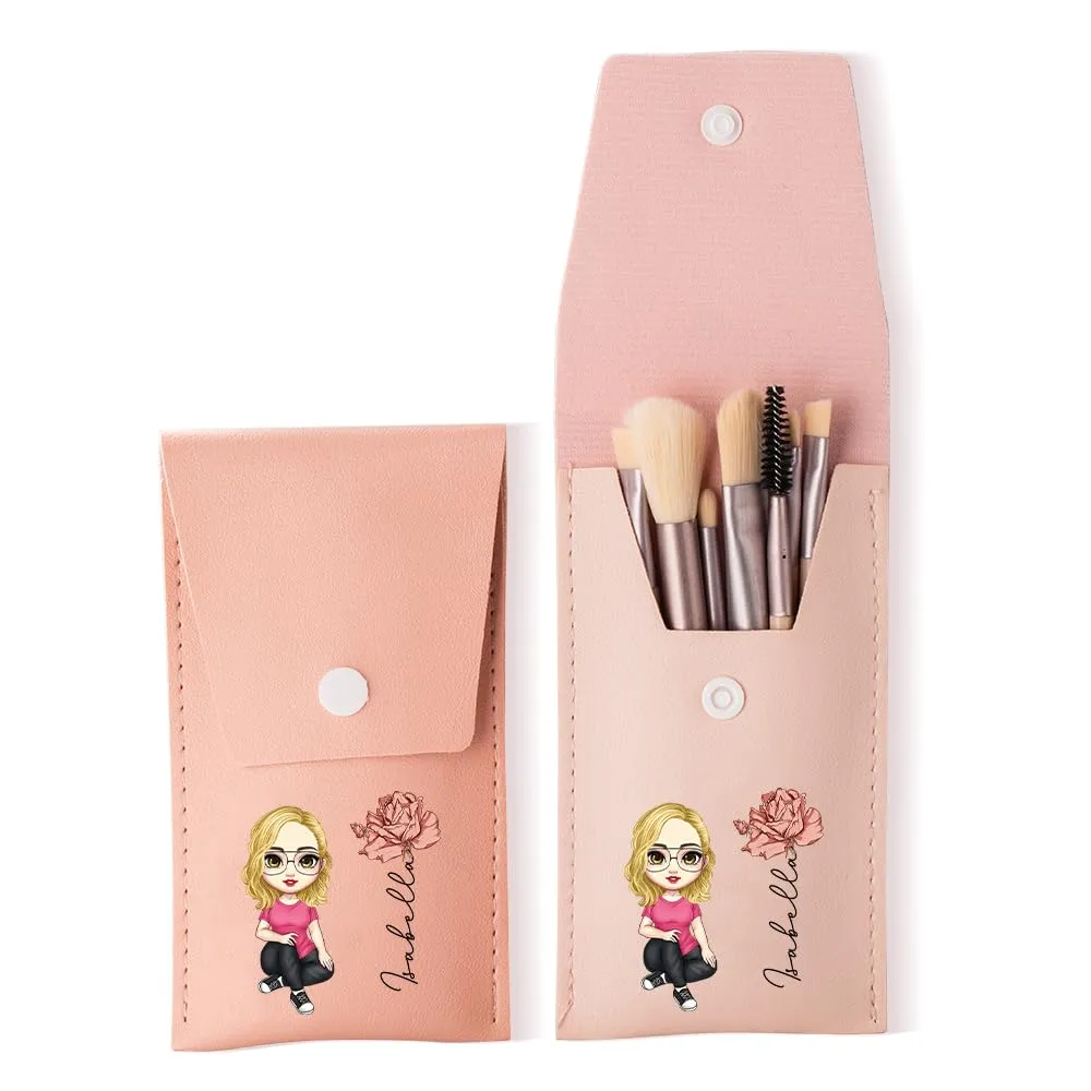 Personalized Birth Flower Makeup Brush Bag Set, Custom Cartoon Character and Name on Surface of the Makeup Brush Travel Holder, Comes with 8 Brushes, Birthday Christmas Gifts for Women