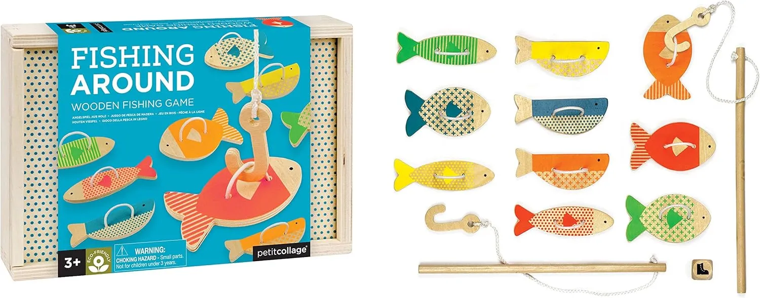 Petit Collage Fishing Around Wooden Game – Cute Kids Fishing Game for Ages 3 , Ideal for 2-4 Players – Fun Learning Game Promotes Color Recognition and Hand-Eye Coordination