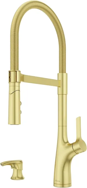 Pfister Ceylon Commercial Culinary Kitchen Faucet with Pull Down Sprayer and Soap Dispenser, Single Handle, High Arc, Brushed Gold Finish, F5297CLOCBG