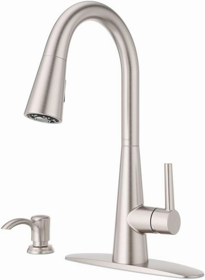 Pfister Barulli Kitchen Faucet with Pull Down Sprayer and Soap Dispenser, Single Handle, High Arc, Spot Defense Stainless Steel Finish, F5297BARGS