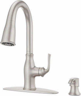 Pfister Rosslyn Kitchen Faucet with Pull Down Sprayer and Soap Dispenser, Single Handle, High Arc, Spot Defense Stainless Steel Finish, F5297RSSRGS