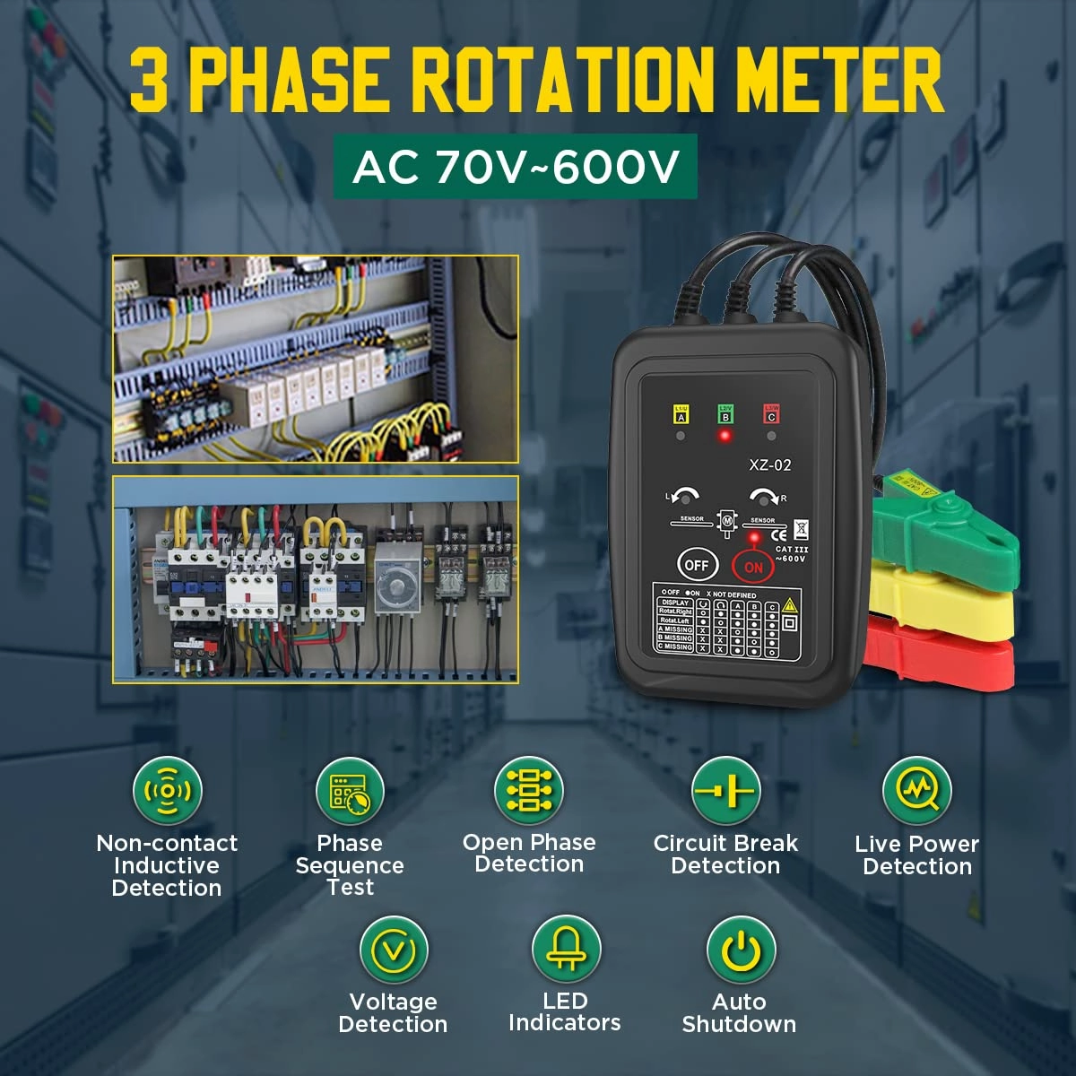 Phase Rotation Meter Non-contact 3 Phase Rotation Meter AC 70~600V Phase Sequence Rotation Tester High Magnetic Induction Rotation Meter Auto Power Off Phase Meter with LED, 20-inch Clamp Lead,Handbag