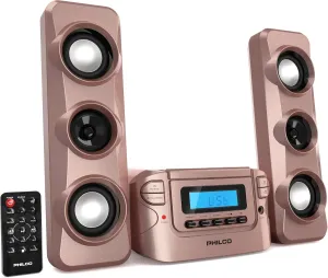 Philco Stereo Shelf Systems Compact CD Shelf System with Digital FM Stereo Radio, Bluetooth Wireless Technology, and Remote Control in Rose Gold | LCD Display | MP3 & AUX Port Compatible