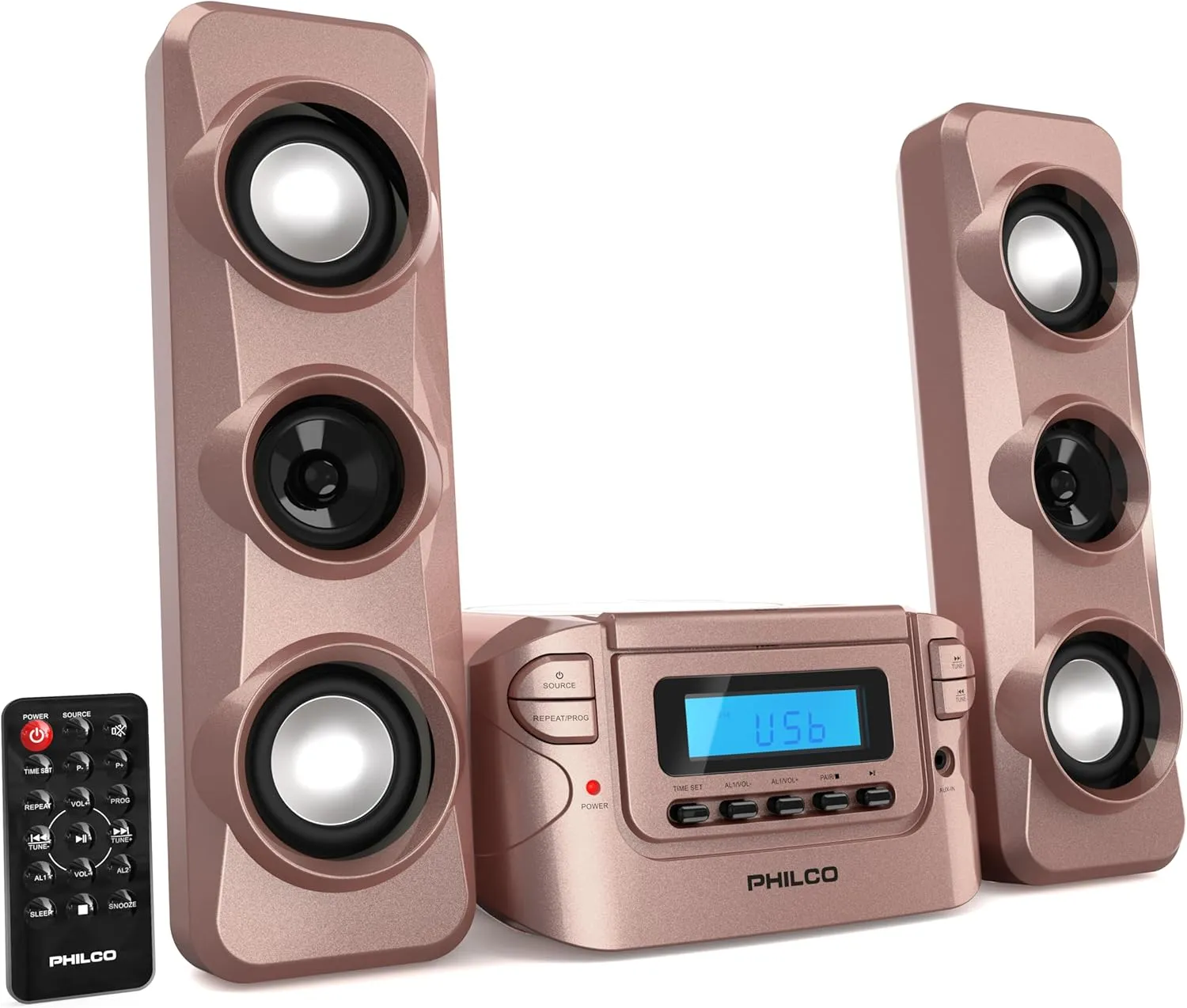 Philco Stereo Shelf Systems Compact CD Shelf System with Digital FM Stereo Radio, Bluetooth Wireless Technology, and Remote Control in Rose Gold | LCD Display | MP3 & AUX Port Compatible