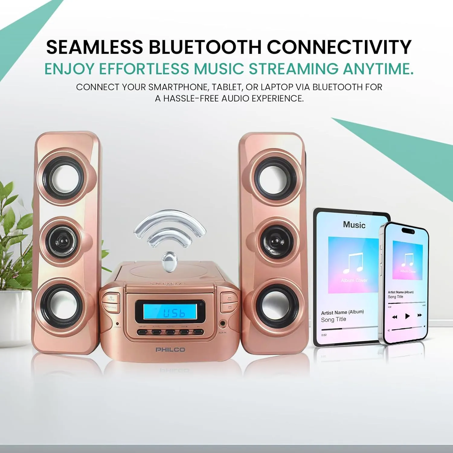 Philco Stereo Shelf Systems Compact CD Shelf System with Digital FM Stereo Radio, Bluetooth Wireless Technology, and Remote Control in Rose Gold | LCD Display | MP3 & AUX Port Compatible