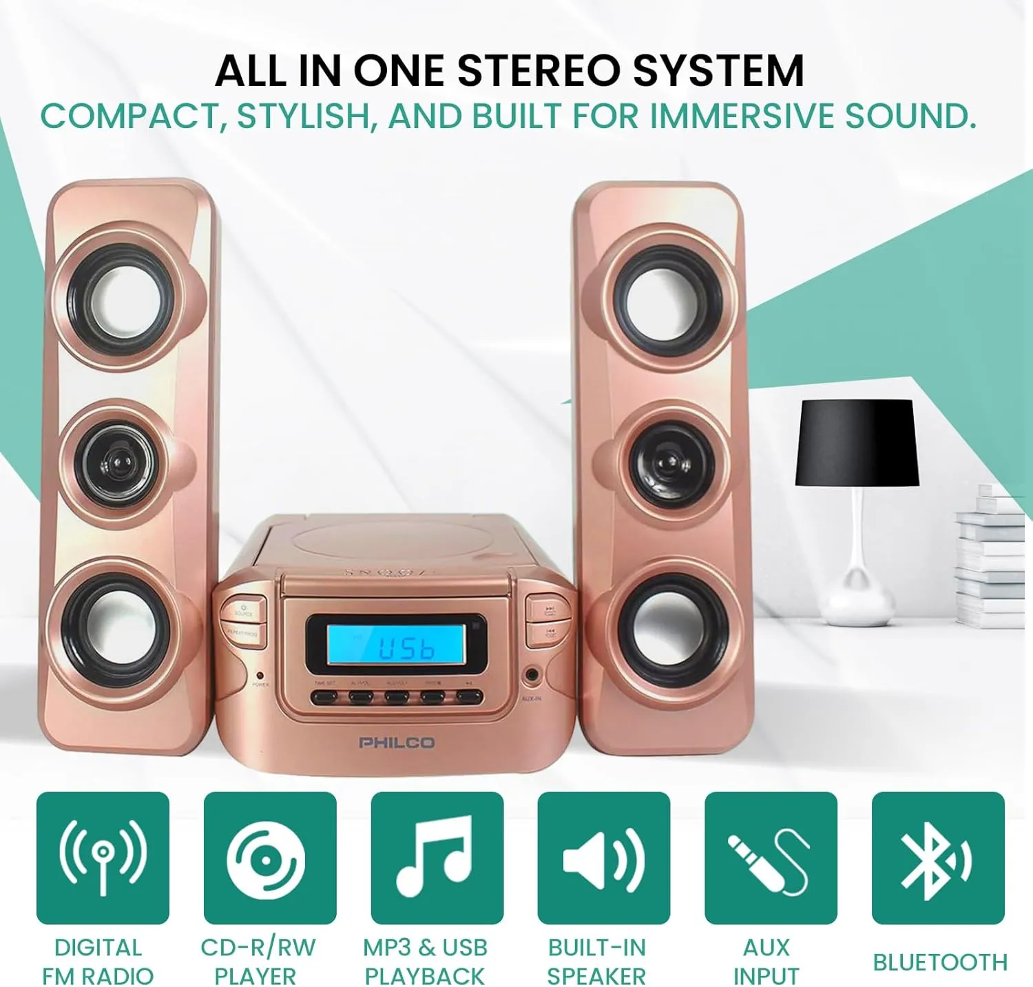 Philco Stereo Shelf Systems Compact CD Shelf System with Digital FM Stereo Radio, Bluetooth Wireless Technology, and Remote Control in Rose Gold | LCD Display | MP3 & AUX Port Compatible