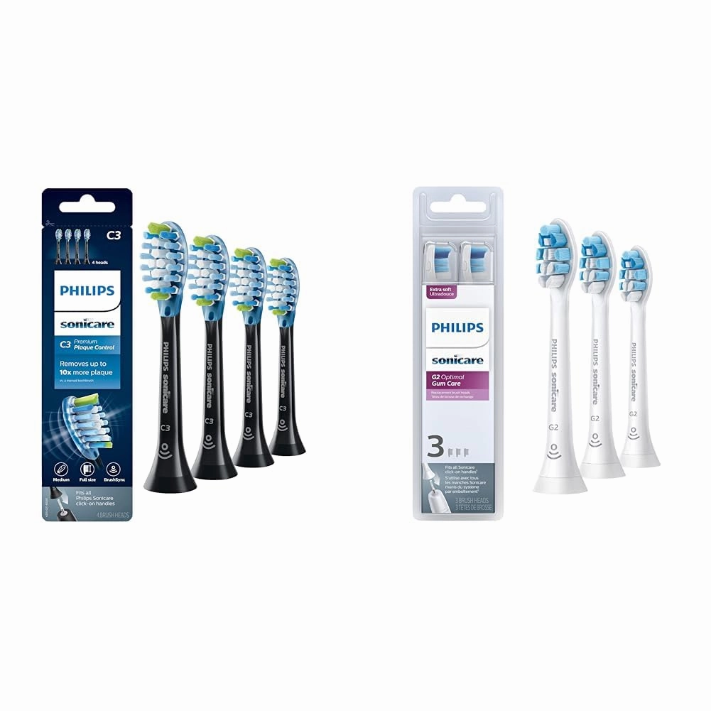 Philips Sonicare Genuine C3 Premium Plaque Control Replacement Toothbrush Heads, 4 Brush Heads & Genuine G2 Optimal Gum Care Replacement Toothbrush Heads, 3 Brush Heads, White