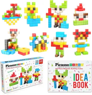 Picasso Cubes Kids Pixel 1” Magnetic Puzzle Cube 102 Piece Mix & Match with FREE Idea Book Sensory Toys STEAM Education Learning Building Block Magnets Construction ToySet Stacking Magnet Creative Kit