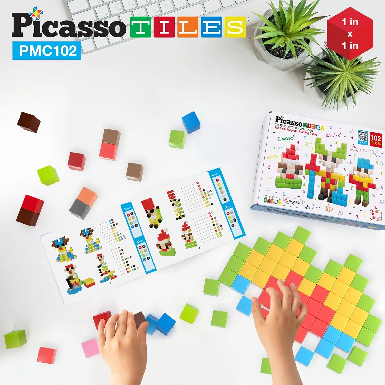 Picasso Cubes Kids Pixel 1” Magnetic Puzzle Cube 102 Piece Mix & Match with FREE Idea Book Sensory Toys STEAM Education Learning Building Block Magnets Construction ToySet Stacking Magnet Creative Kit