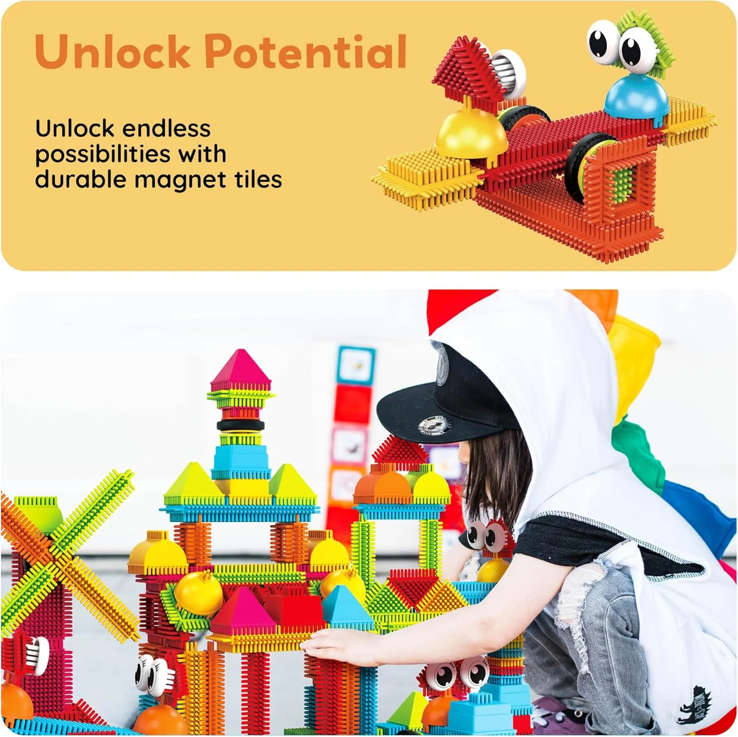 PicassoTiles 240pcs Hedgehog Interlocking Building Shape 3D Blocks, STEAM Educational, Creative, Fun Construction Playset, Sensory Toy Gift for Preschool and Kindergarten Kids, Ages 3 and Up, PTB240