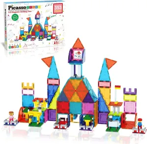 PicassoTiles 32pcs Dinosaur Figures   353pc Magnetic Tile Building Block Action Set, STEAM Toy Combo 21 Action Figures T-Rex, Triceratops, Velociraptor, Trees, Rocks with Educational Ideabook