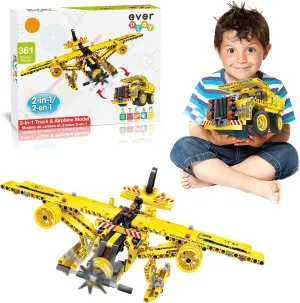 PicassoTiles Magnet Building Tiles 2-in-1 Airplane & Dump Truck, Building Blocks Construction Toy Block Stack, Robot Transforming Engineering Flying Propeller Airplane Dump Truck Engineer