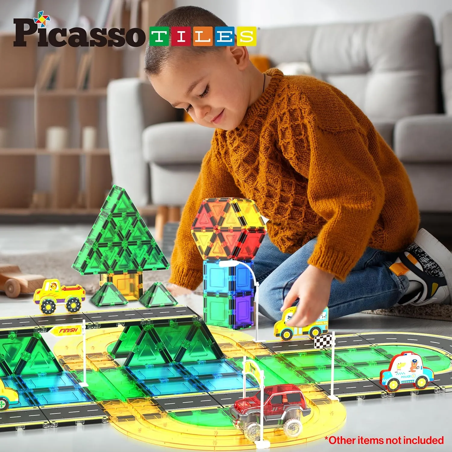 PicassoTiles Magnet Tile Car Track Adventure Theme Printed Street Road Runway Speedway Highway Magnetic Building Tiles Block Construction Pretend Play Playset STEM Education Learning Kit Kids 3  PTE16