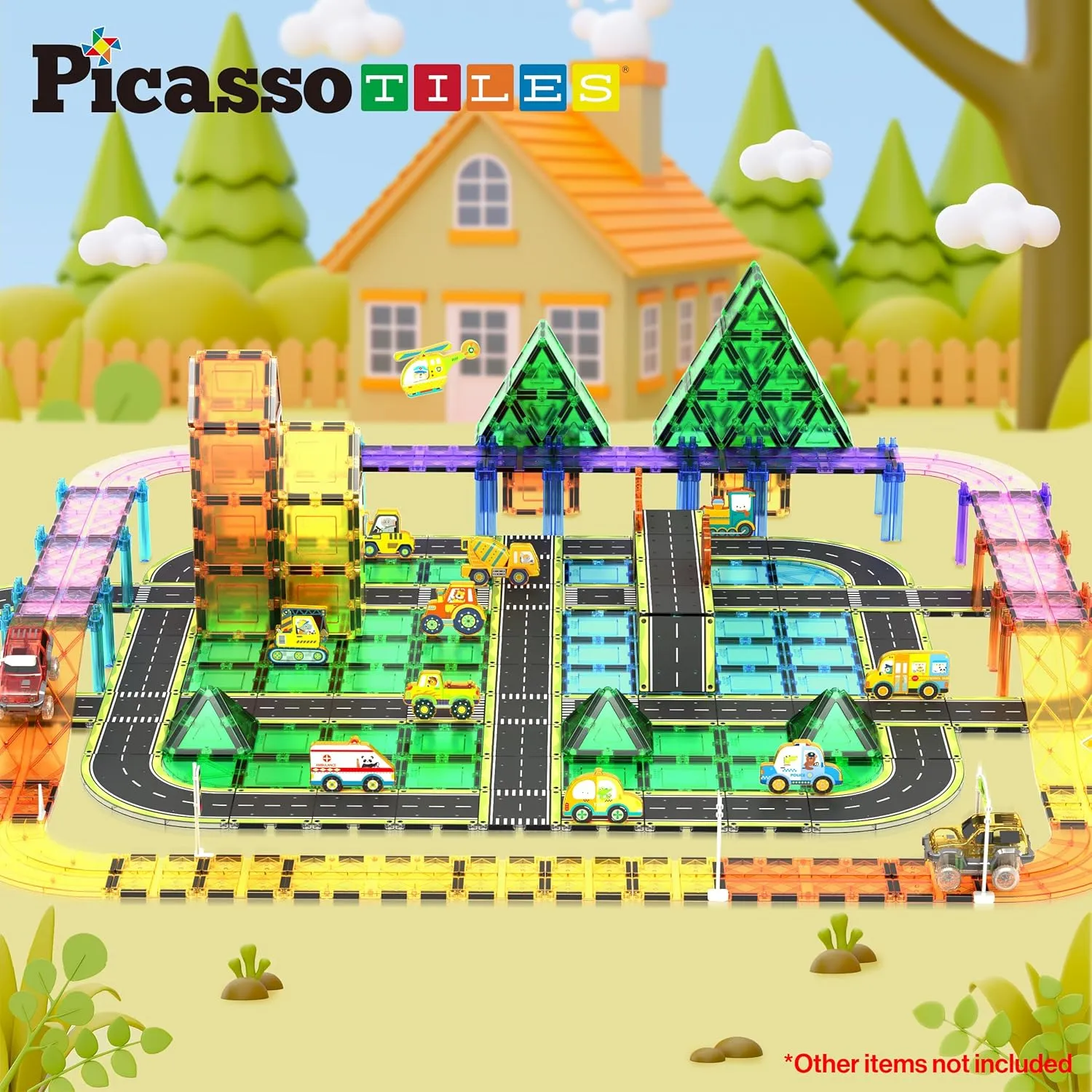 PicassoTiles Magnet Tile Car Track Adventure Theme Printed Street Road Runway Speedway Highway Magnetic Building Tiles Block Construction Pretend Play Playset STEM Education Learning Kit Kids 3  PTE16