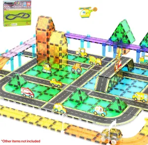 PicassoTiles Magnet Tile Car Track Adventure Theme Printed Street Road Runway Speedway Highway Magnetic Building Tiles Block Construction Pretend Play Playset STEM Education Learning Kit Kids 3  PTE16