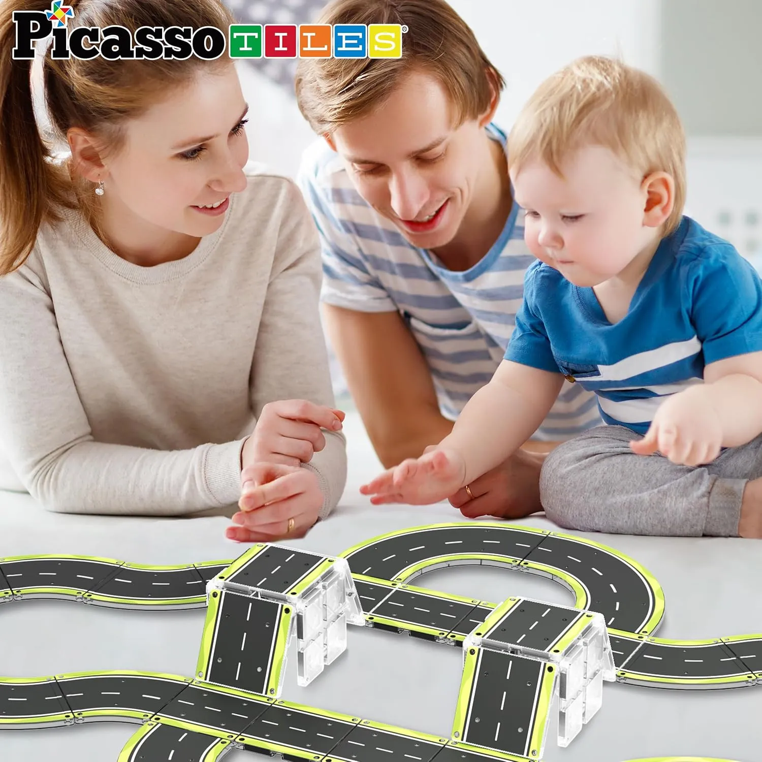 PicassoTiles Magnet Tile Car Track Adventure Theme Printed Street Road Runway Speedway Highway Magnetic Building Tiles Block Construction Pretend Play Playset STEM Education Learning Kit Kids 3  PTE16