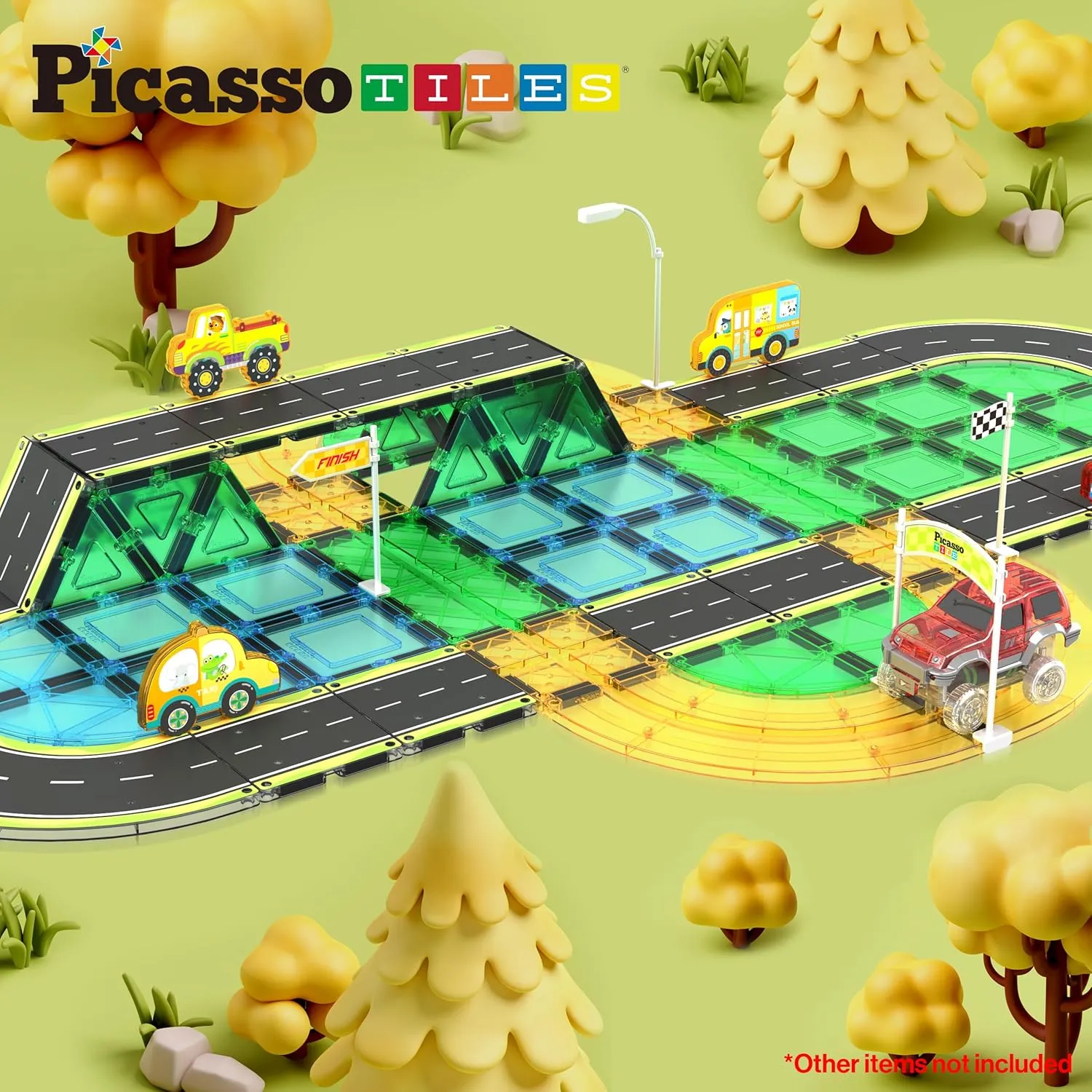 PicassoTiles Magnet Tile Car Track Adventure Theme Printed Street Road Runway Speedway Highway Magnetic Building Tiles Block Construction Pretend Play Playset STEM Education Learning Kit Kids 3  PTE16