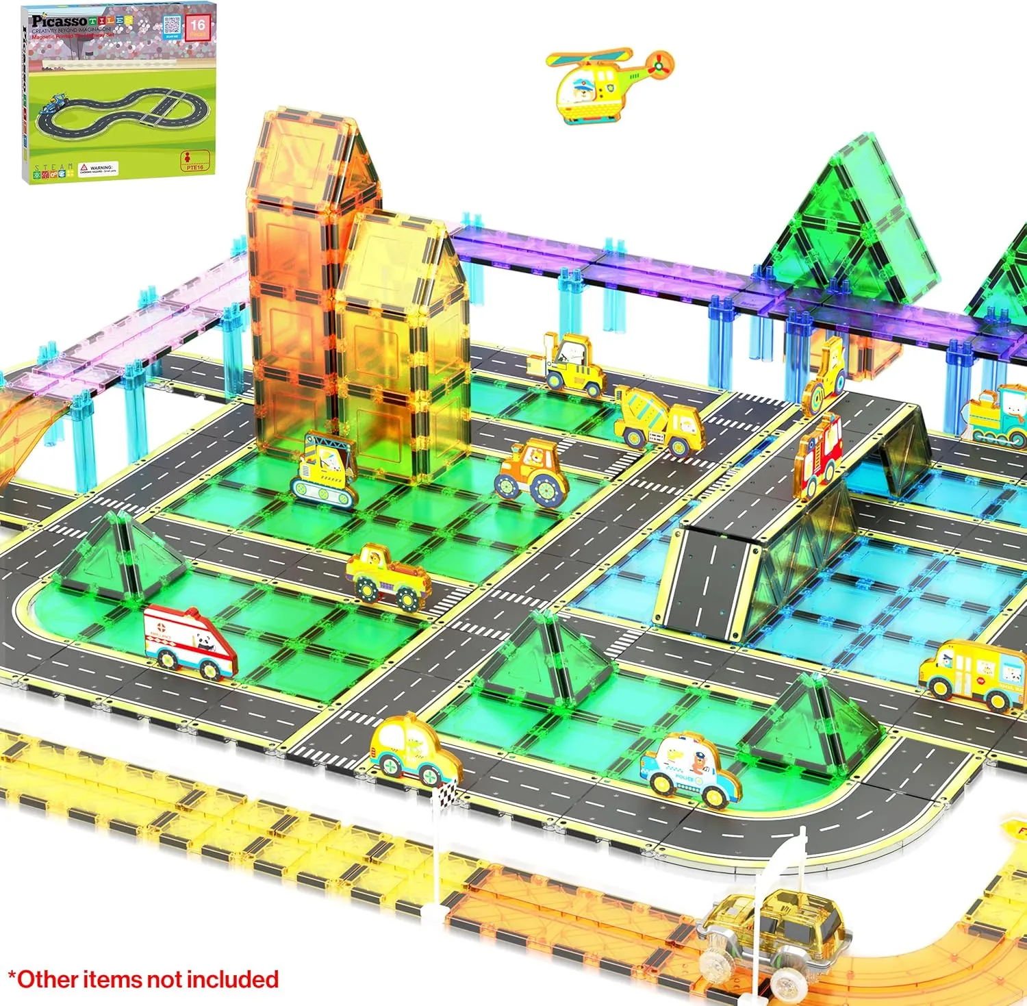 PicassoTiles Magnet Tile Car Track Adventure Theme Printed Street Road Runway Speedway Highway Magnetic Building Tiles Block Construction Pretend Play Playset STEM Education Learning Kit Kids 3  PTE16