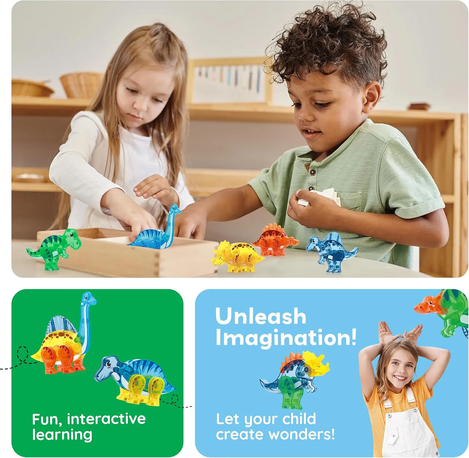 PicassoTiles Magnet Tile Dinosaur Action Figure Playset Mix or Match Compatible Prehistoric Parts STEM Magnetic Tiles for Creative Building Imaginative Educational Pretend Play Toddlers Ages 3  PTA28