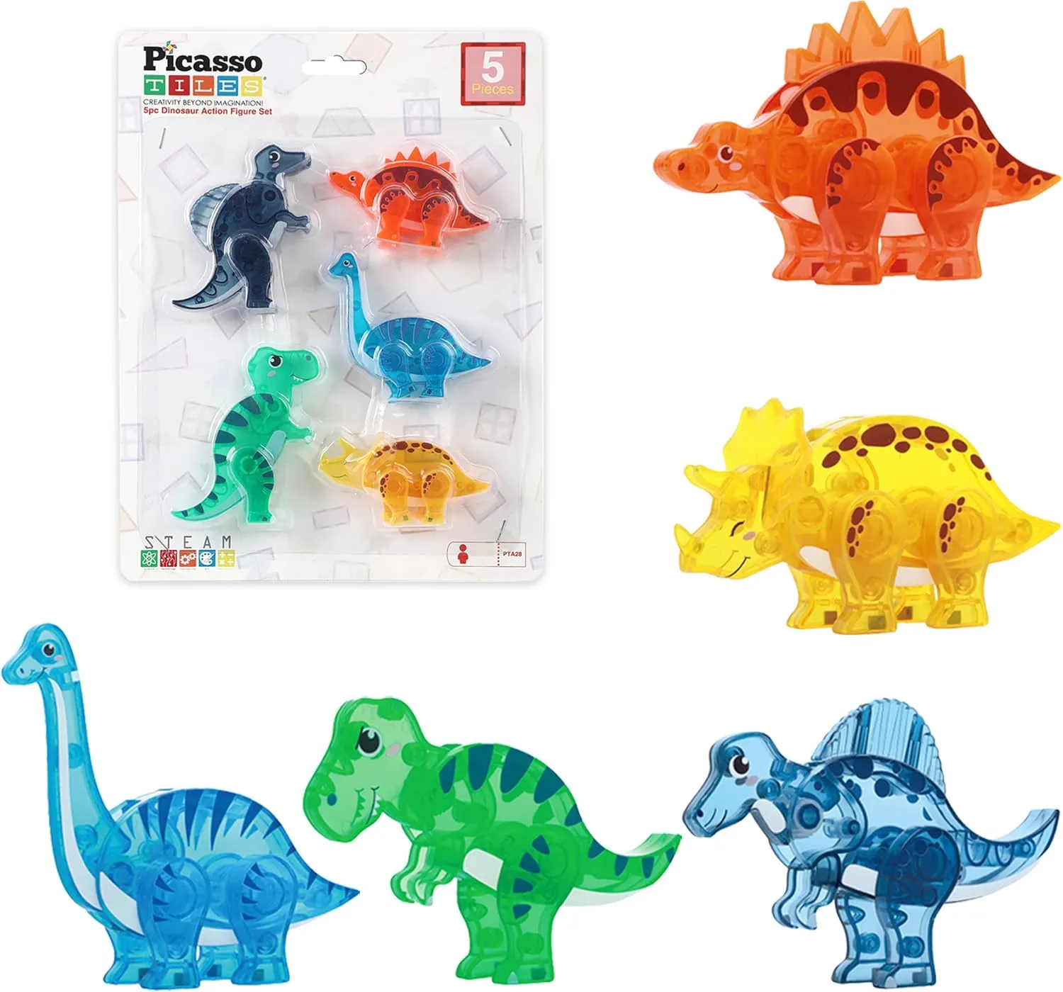 PicassoTiles Magnet Tile Dinosaur Action Figure Playset Mix or Match Compatible Prehistoric Parts STEM Magnetic Tiles for Creative Building Imaginative Educational Pretend Play Toddlers Ages 3  PTA28