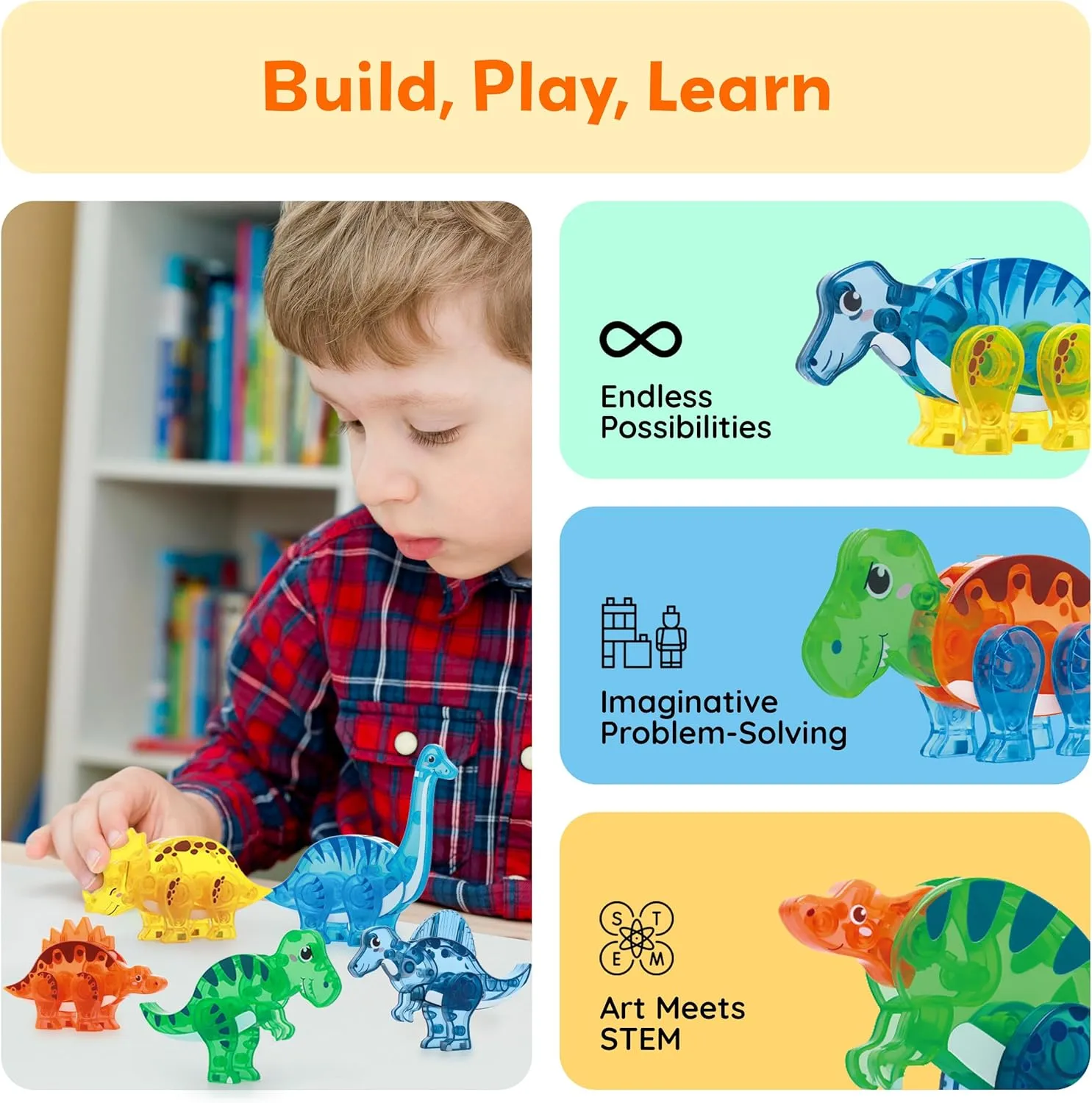 PicassoTiles Magnet Tile Dinosaur Action Figure Playset Mix or Match Compatible Prehistoric Parts STEM Magnetic Tiles for Creative Building Imaginative Educational Pretend Play Toddlers Ages 3  PTA28