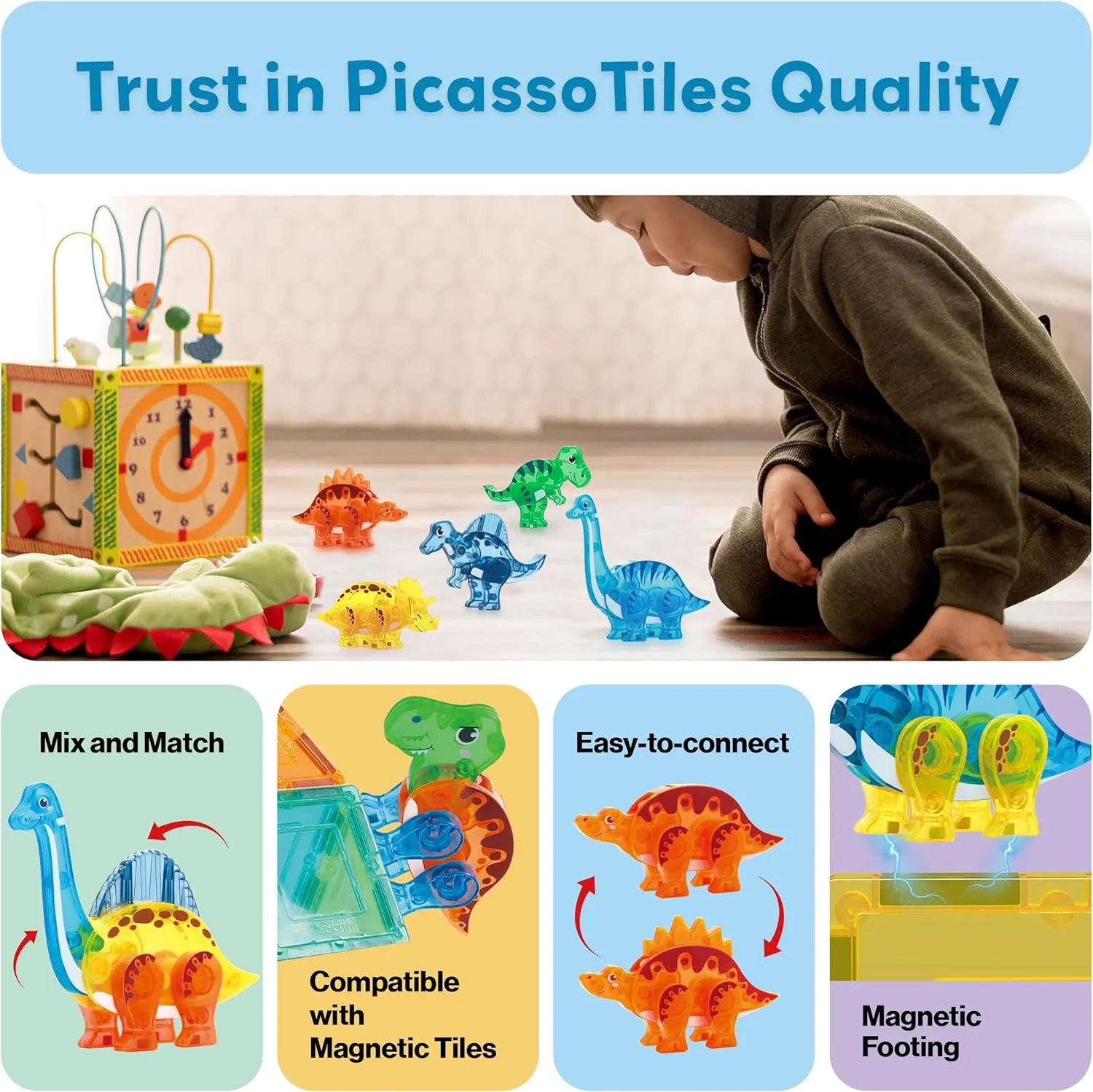 PicassoTiles Magnet Tile Dinosaur Action Figure Playset Mix or Match Compatible Prehistoric Parts STEM Magnetic Tiles for Creative Building Imaginative Educational Pretend Play Toddlers Ages 3  PTA28