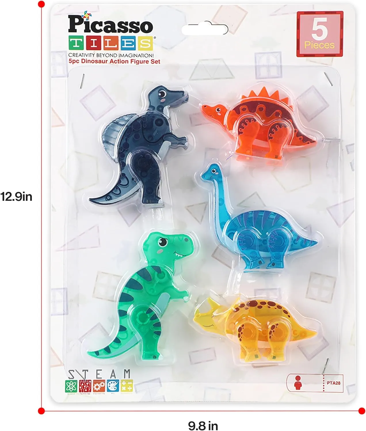 PicassoTiles Magnet Tile Dinosaur Action Figure Playset Mix or Match Compatible Prehistoric Parts STEM Magnetic Tiles for Creative Building Imaginative Educational Pretend Play Toddlers Ages 3  PTA28