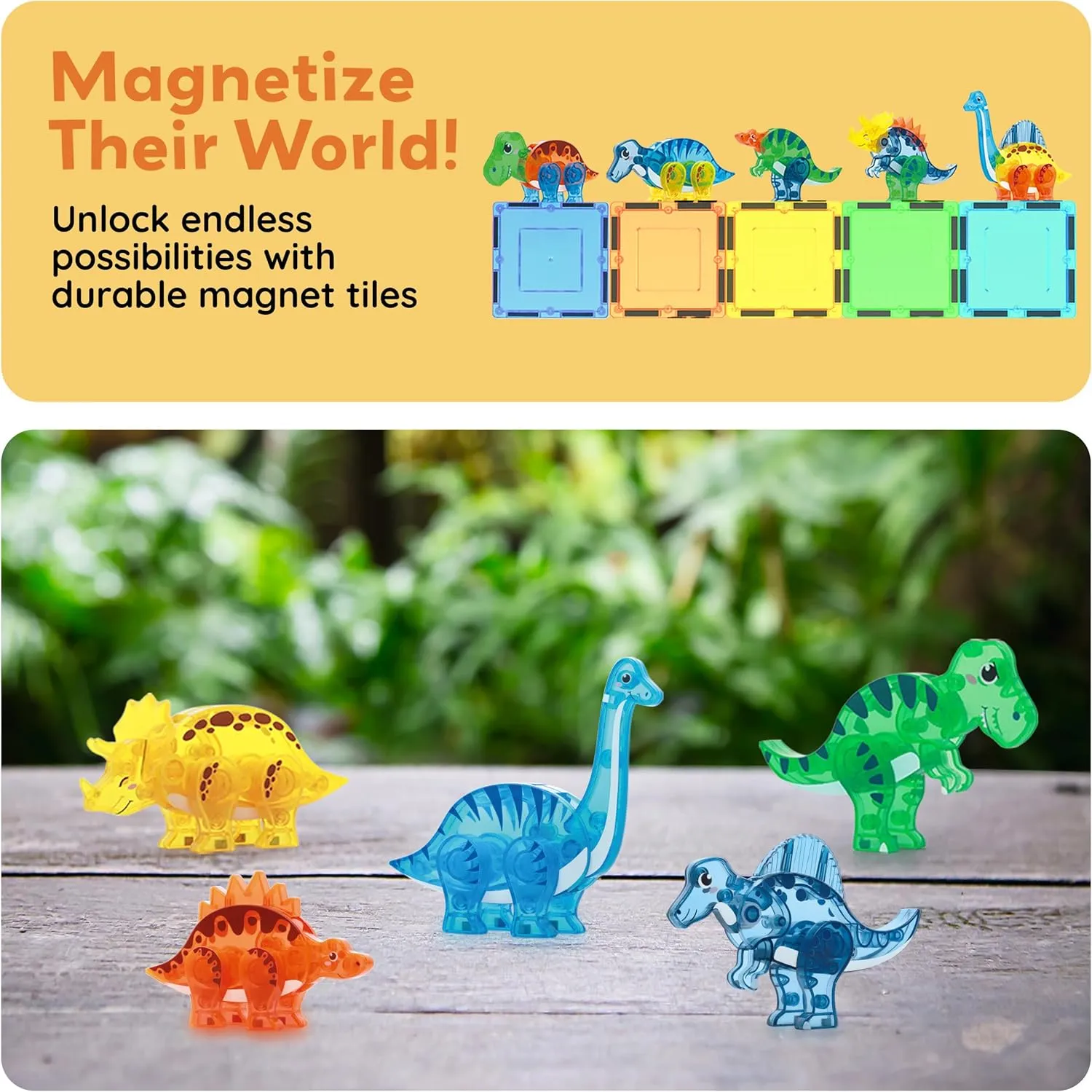 PicassoTiles Magnet Tile Dinosaur Action Figure Playset Mix or Match Compatible Prehistoric Parts STEM Magnetic Tiles for Creative Building Imaginative Educational Pretend Play Toddlers Ages 3  PTA28
