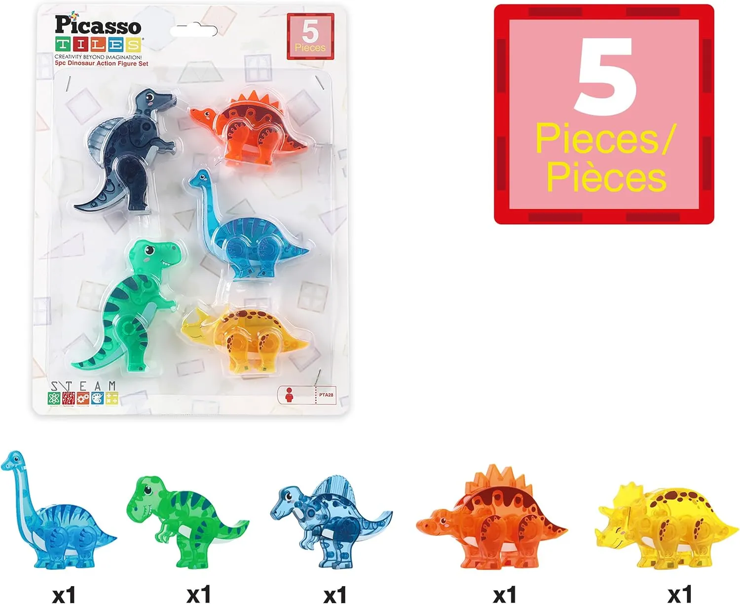 PicassoTiles Magnet Tile Dinosaur Action Figure Playset Mix or Match Compatible Prehistoric Parts STEM Magnetic Tiles for Creative Building Imaginative Educational Pretend Play Toddlers Ages 3  PTA28