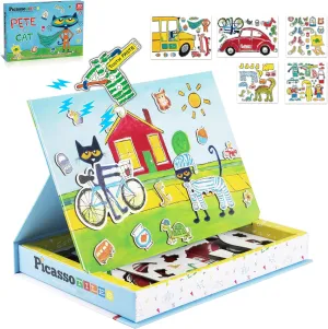 PicassoTiles Pete The Cat Board Game Puzzle Activity Play Book Magnet Mix and Match Cartoon Toy Playset with Storage Reusable Magnetic Figures Storytelling STEM Education Learning Kids Ages 3  PTC02