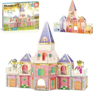 PicassoTiles Princess Castle Theme Magnet Tile Building Blocks 2 Action Figures Magnetic Construction Toy Double Sided Printing Education STEM Learning Playset Fantasy Adventure Boy Girl Age 3  PTQ04