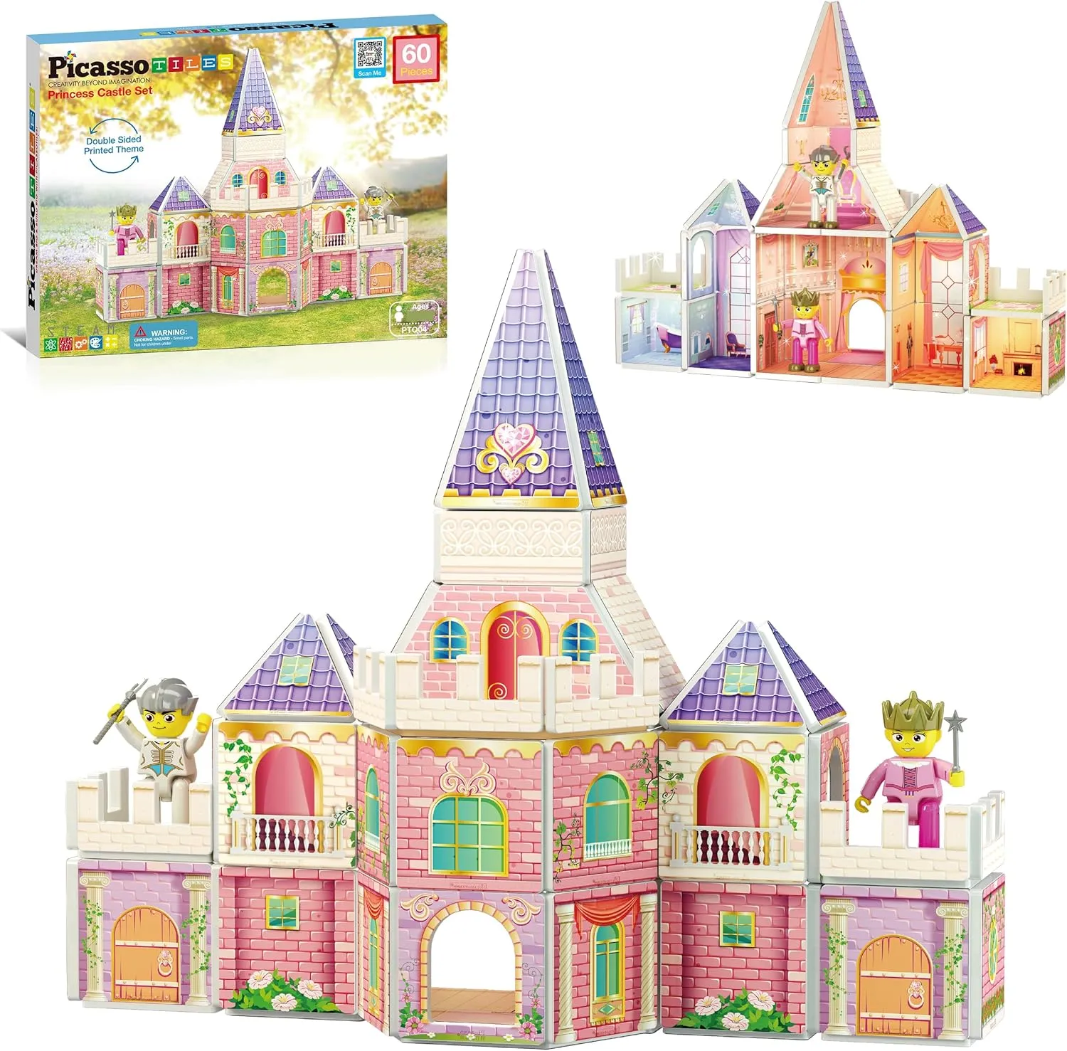 PicassoTiles Princess Castle Theme Magnet Tile Building Blocks 2 Action Figures Magnetic Construction Toy Double Sided Printing Education STEM Learning Playset Fantasy Adventure Boy Girl Age 3  PTQ04