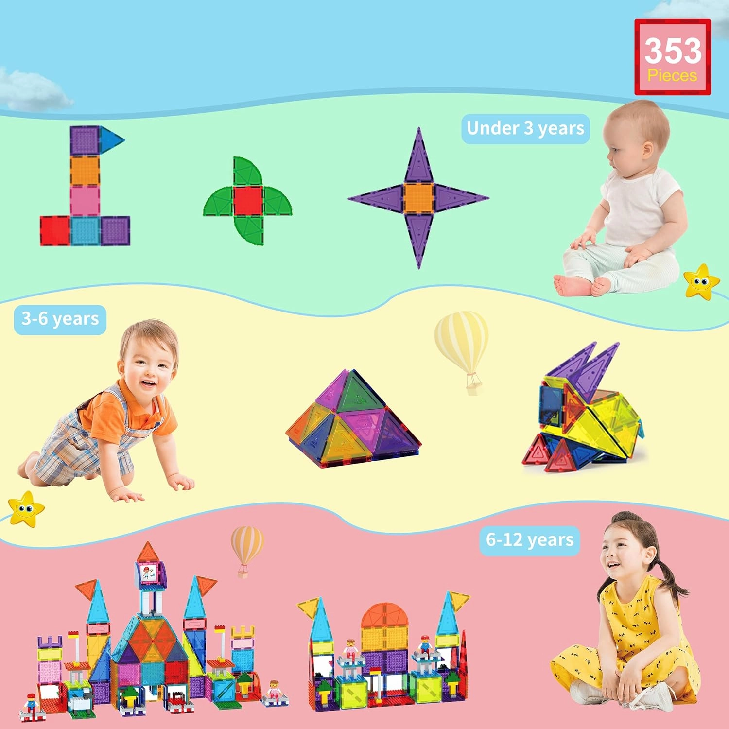 PicassoTiles 353pcsMagnetic Brick Tile and Magnetic Tile Combo Set, Action Figures Included, Building Blocks STEM Toys, Educational Montessori Preschool Toddler Classroom Learning Toys, Kids Activity