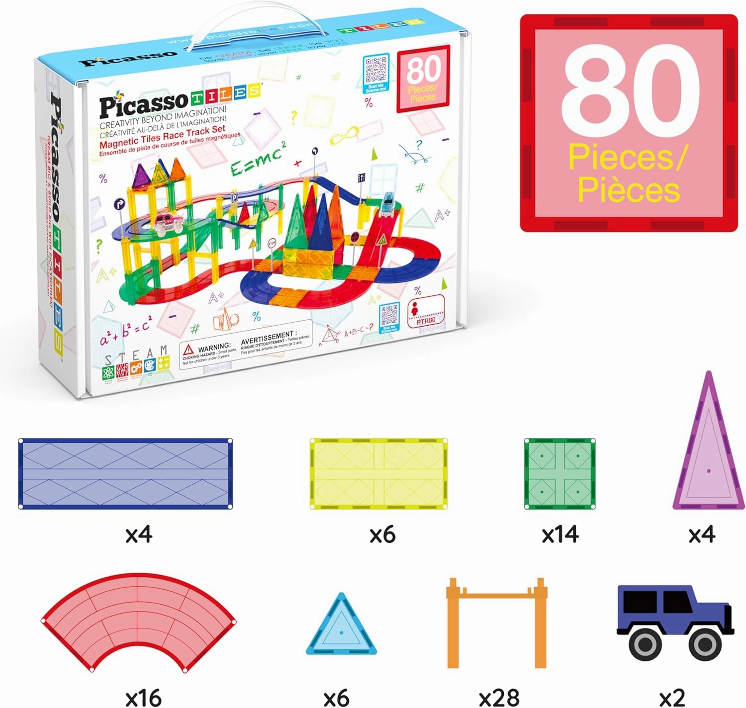 PicassoTiles 80 Piece Race Car Track Building Block Educational Toy Set Magnetic Tiles Magnet DIY Playset 2 Light Up Car STEM Learning Construction Kit Hand-Eye Coordination Fine Motor Skill Training