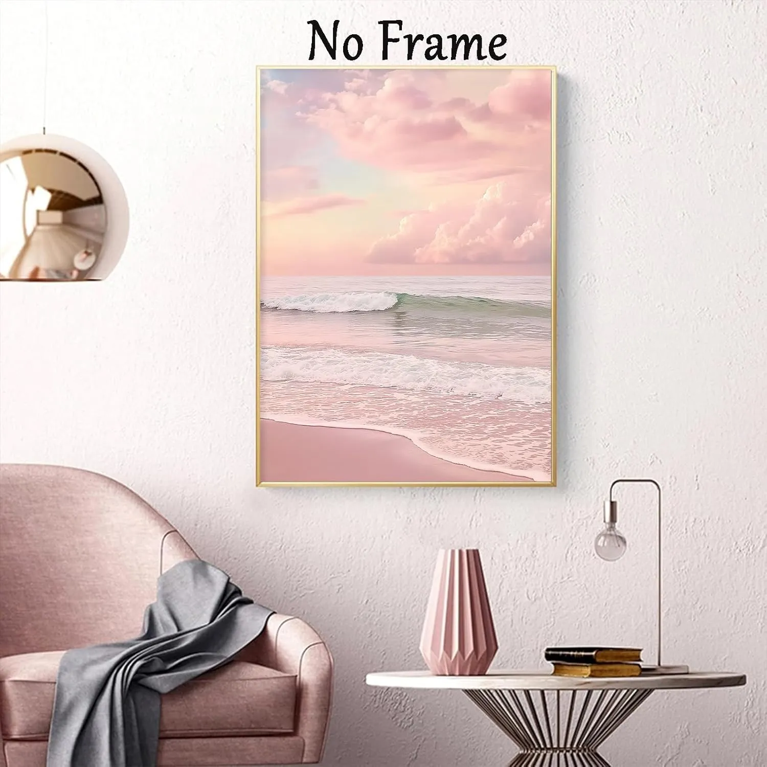 Pink Beach Canvas Wall Art Ocean Waves Picture Pink Modern Coastal Prints Sunset Beach Canvas Wall Art Sea Landscape Print Modern Seascape Art Painting Sunrise Ocean Poster Prints 16x24in No Frame
