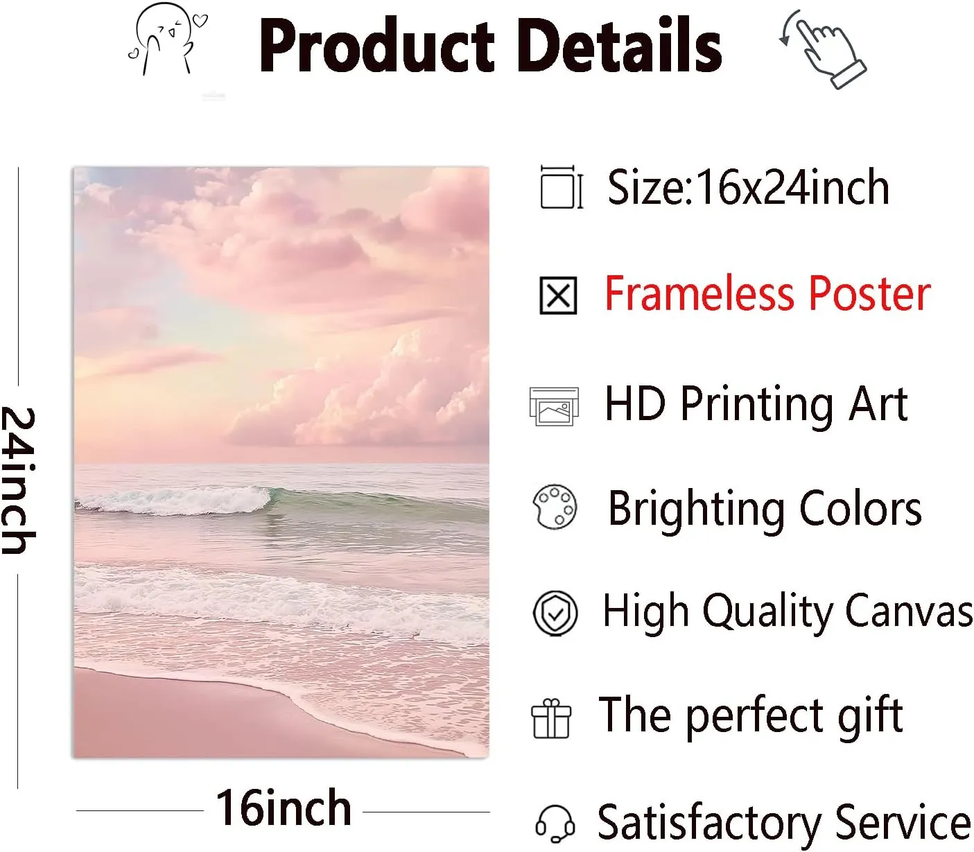 Pink Beach Canvas Wall Art Ocean Waves Picture Pink Modern Coastal Prints Sunset Beach Canvas Wall Art Sea Landscape Print Modern Seascape Art Painting Sunrise Ocean Poster Prints 16x24in No Frame