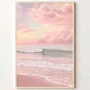 Pink Beach Canvas Wall Art Ocean Waves Picture Pink Modern Coastal Prints Sunset Beach Canvas Wall Art Sea Landscape Print Modern Seascape Art Painting Sunrise Ocean Poster Prints 16x24in No Frame