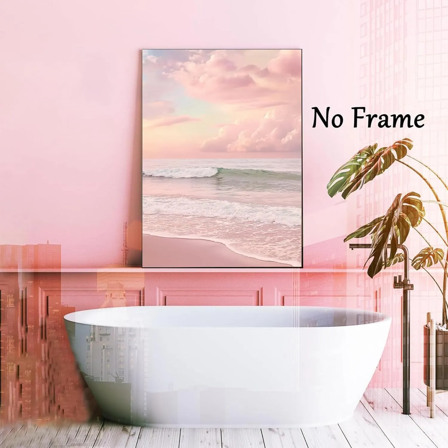 Pink Beach Canvas Wall Art Ocean Waves Picture Pink Modern Coastal Prints Sunset Beach Canvas Wall Art Sea Landscape Print Modern Seascape Art Painting Sunrise Ocean Poster Prints 16x24in No Frame