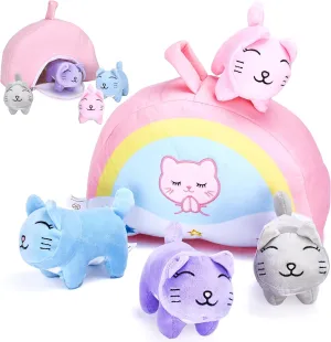 PixieCrush Set of 5 Mini Cat Stuffed - Plush Kittens with Rainbow Bag - Baby Kitten Stuffed Toys - Soft Kitty Toys - Ideal for Decorating and On-The-Go Fun (Multi-Colored)