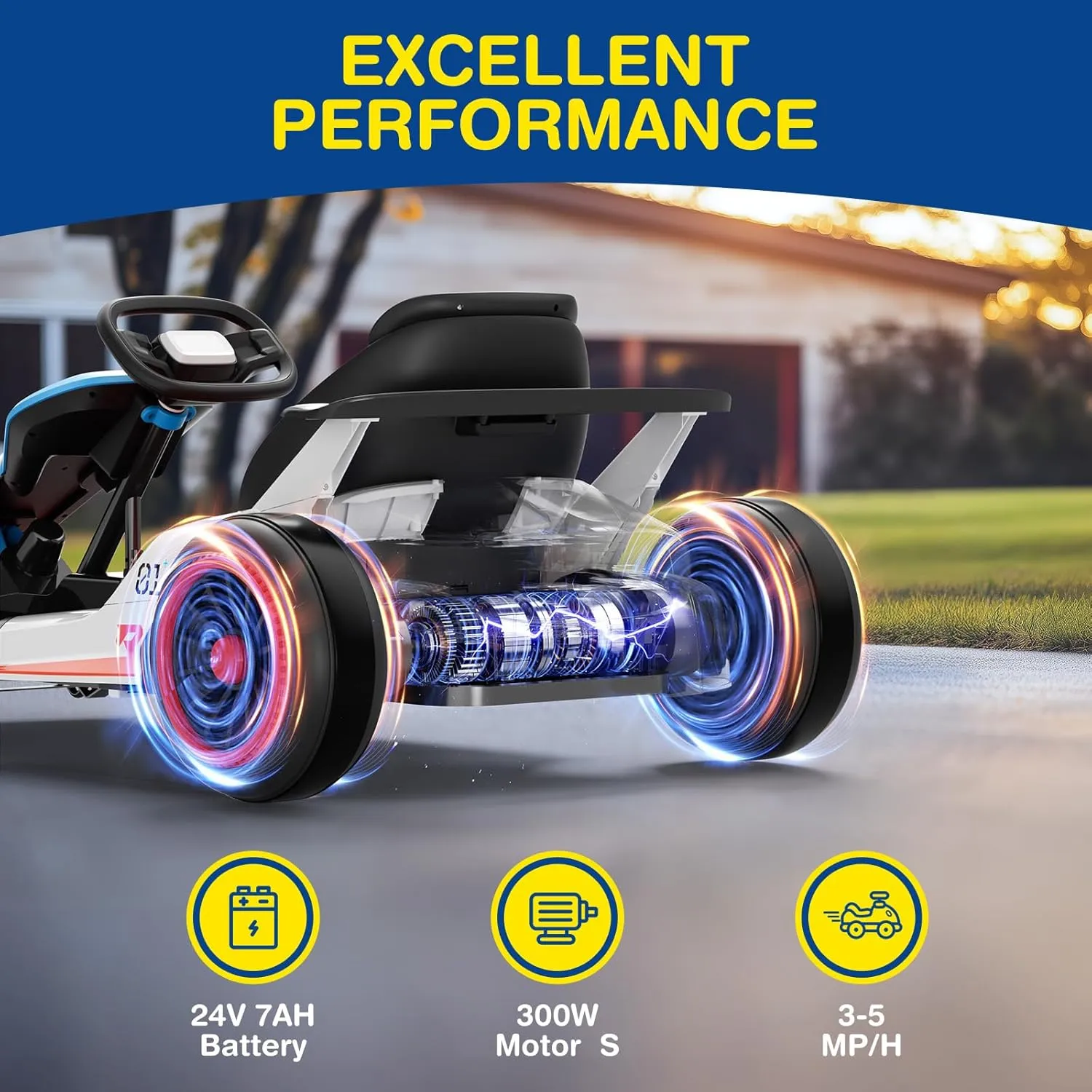 Planet X8 24V Electric Go Kart, 300W Drift Kart, with 2 Speeds, Wireless, Music, Soft Start, 7AH Large Battery ＆ 5-Point Safety Belt for Big Kids