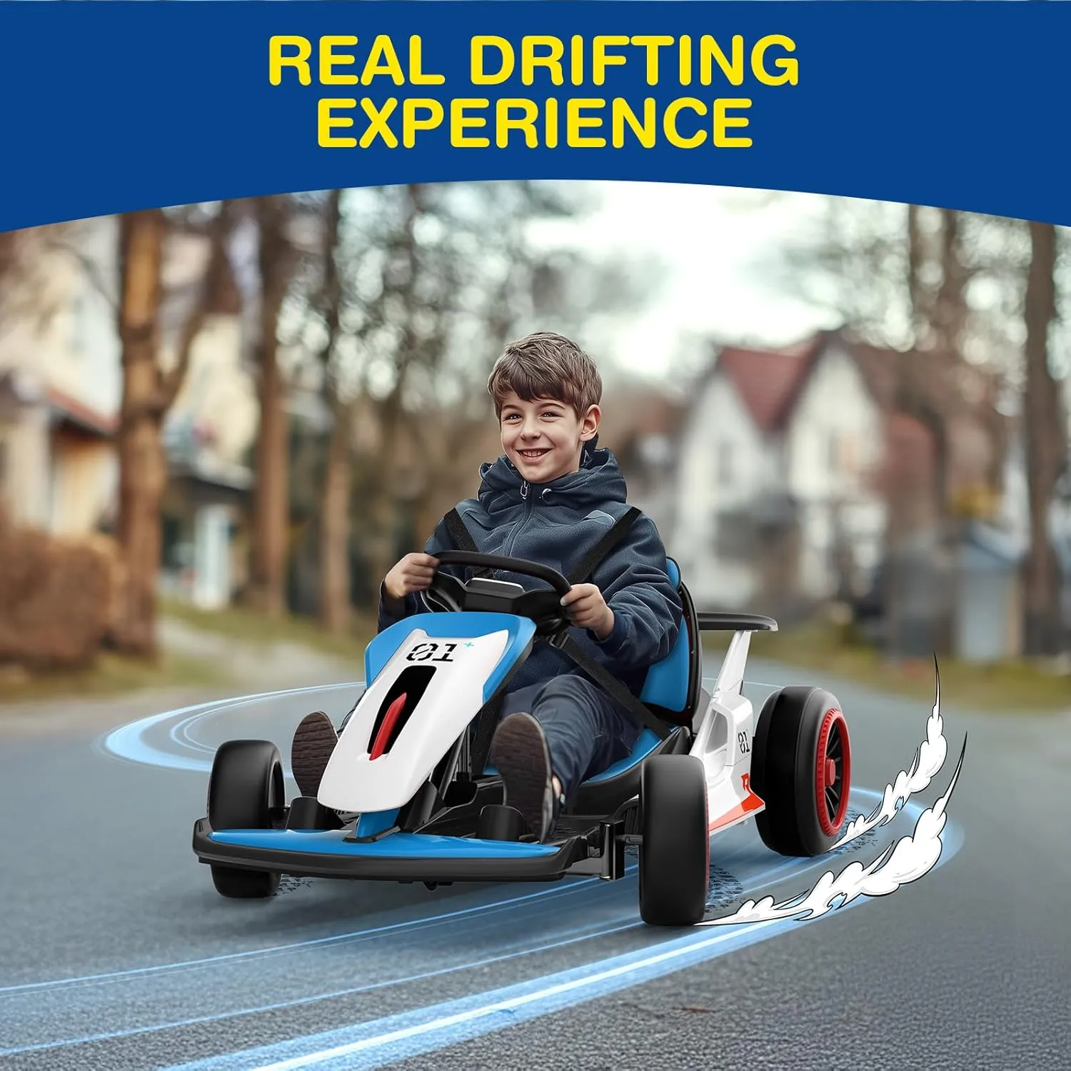 Planet X8 24V Electric Go Kart, 300W Drift Kart, with 2 Speeds, Wireless, Music, Soft Start, 7AH Large Battery ＆ 5-Point Safety Belt for Big Kids