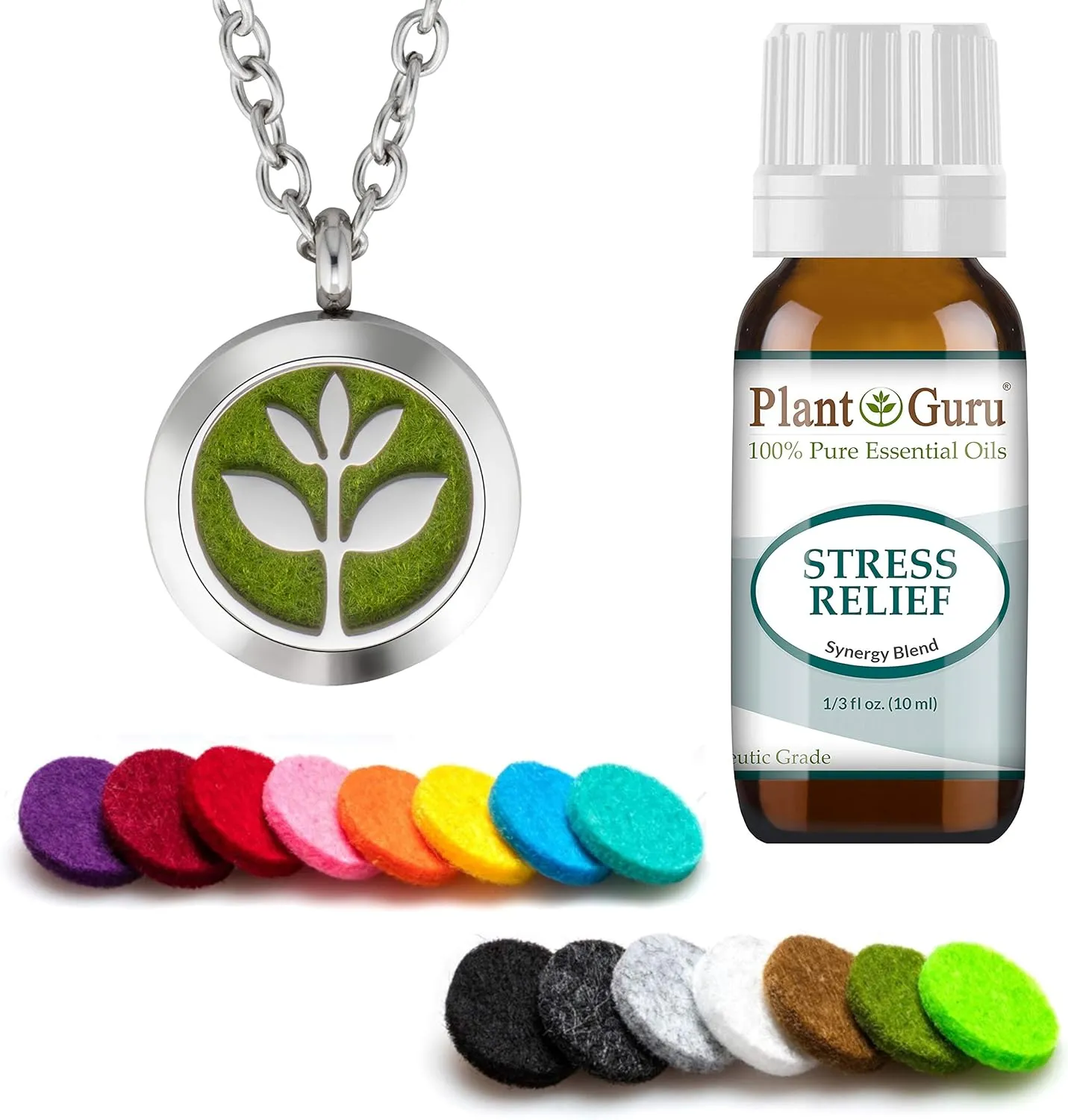 Plant Guru Essential Oil Diffuser Necklace Set Kit with Stress Relief Blend 10 ml., 25mm Stainless Steel Locket Pendant with 24" Adjustable Chain, 15 Washable Refill Felt Pads. Aromatherapy Jewelry