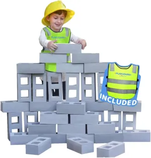 Playlearn 20pc Foam Brick Building Blocks for Kids – Soft, Lightweight Cinder Block Toy Set with Storage Bag and Reflective Vest – Realistic Fake Bricks for Creative Construction Play