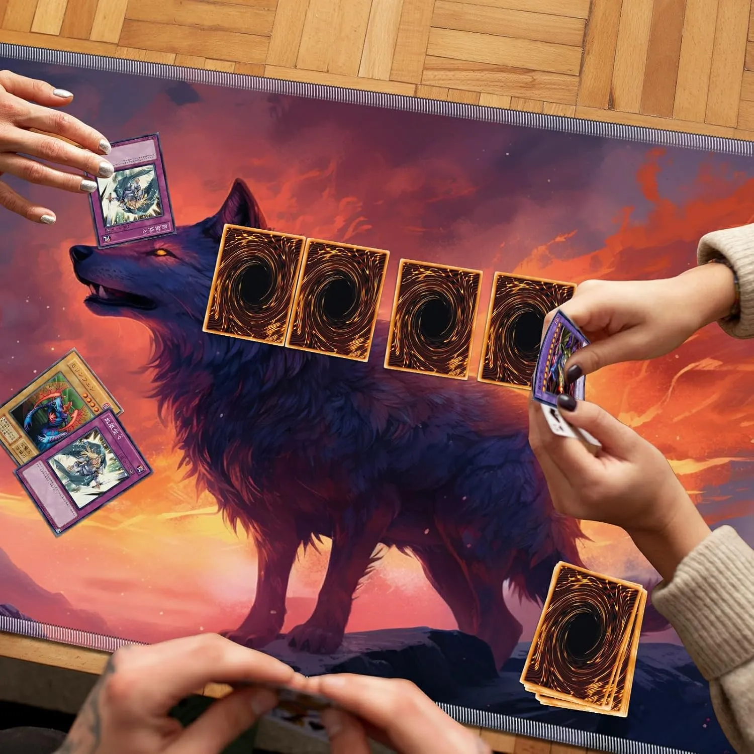 Playmat for MTG, 24 x 14 inches Game Play Mat for MTG TCG and Other Card Games, Trading Card Game Play Mat Desk Mats with Stitched Edges Non-Slip Base, Fire Wolf