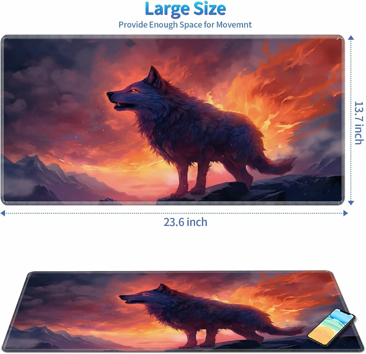 Playmat for MTG, 24 x 14 inches Game Play Mat for MTG TCG and Other Card Games, Trading Card Game Play Mat Desk Mats with Stitched Edges Non-Slip Base, Fire Wolf