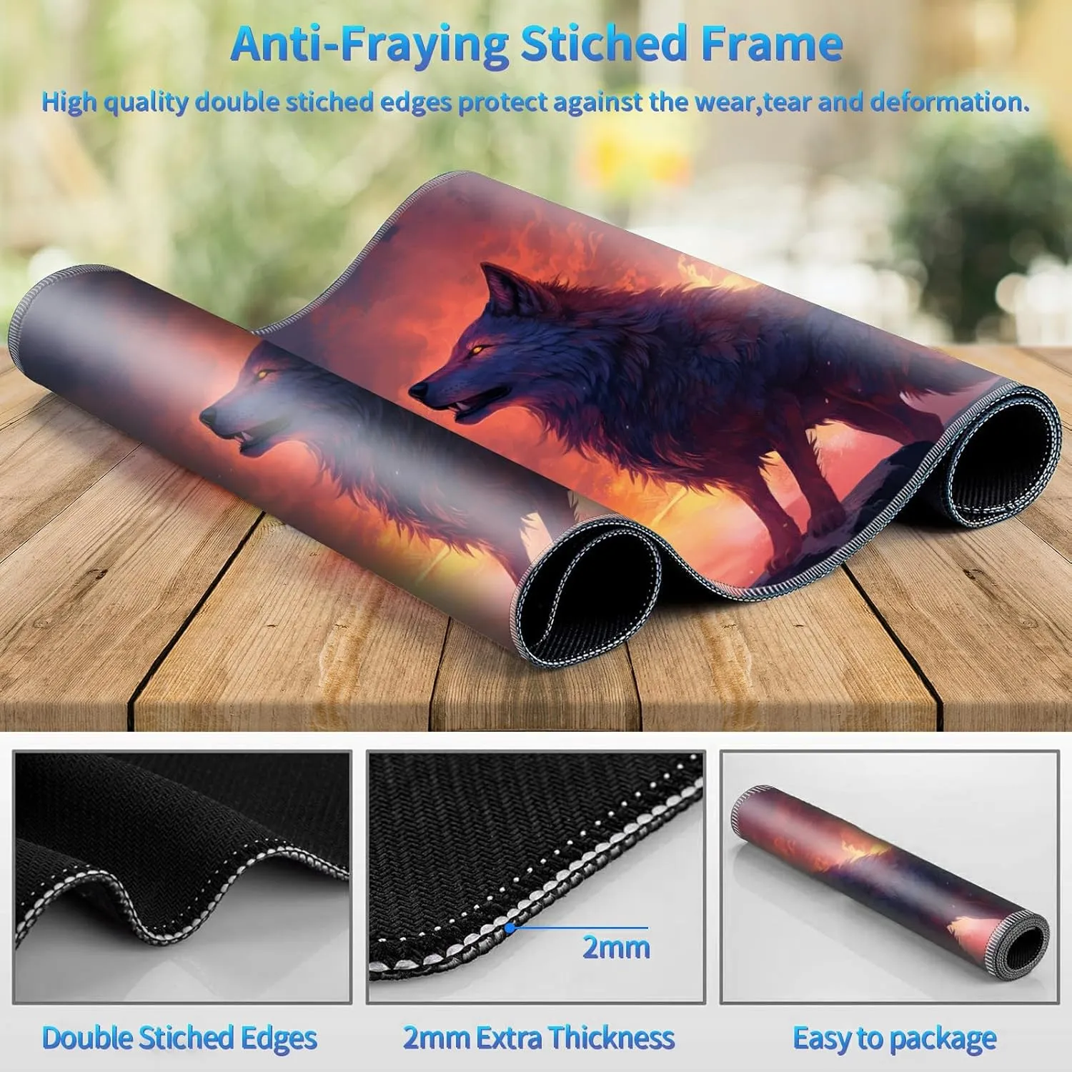 Playmat for MTG, 24 x 14 inches Game Play Mat for MTG TCG and Other Card Games, Trading Card Game Play Mat Desk Mats with Stitched Edges Non-Slip Base, Fire Wolf