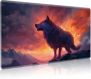 Playmat for MTG, 24 x 14 inches Game Play Mat for MTG TCG and Other Card Games, Trading Card Game Play Mat Desk Mats with Stitched Edges Non-Slip Base, Fire Wolf