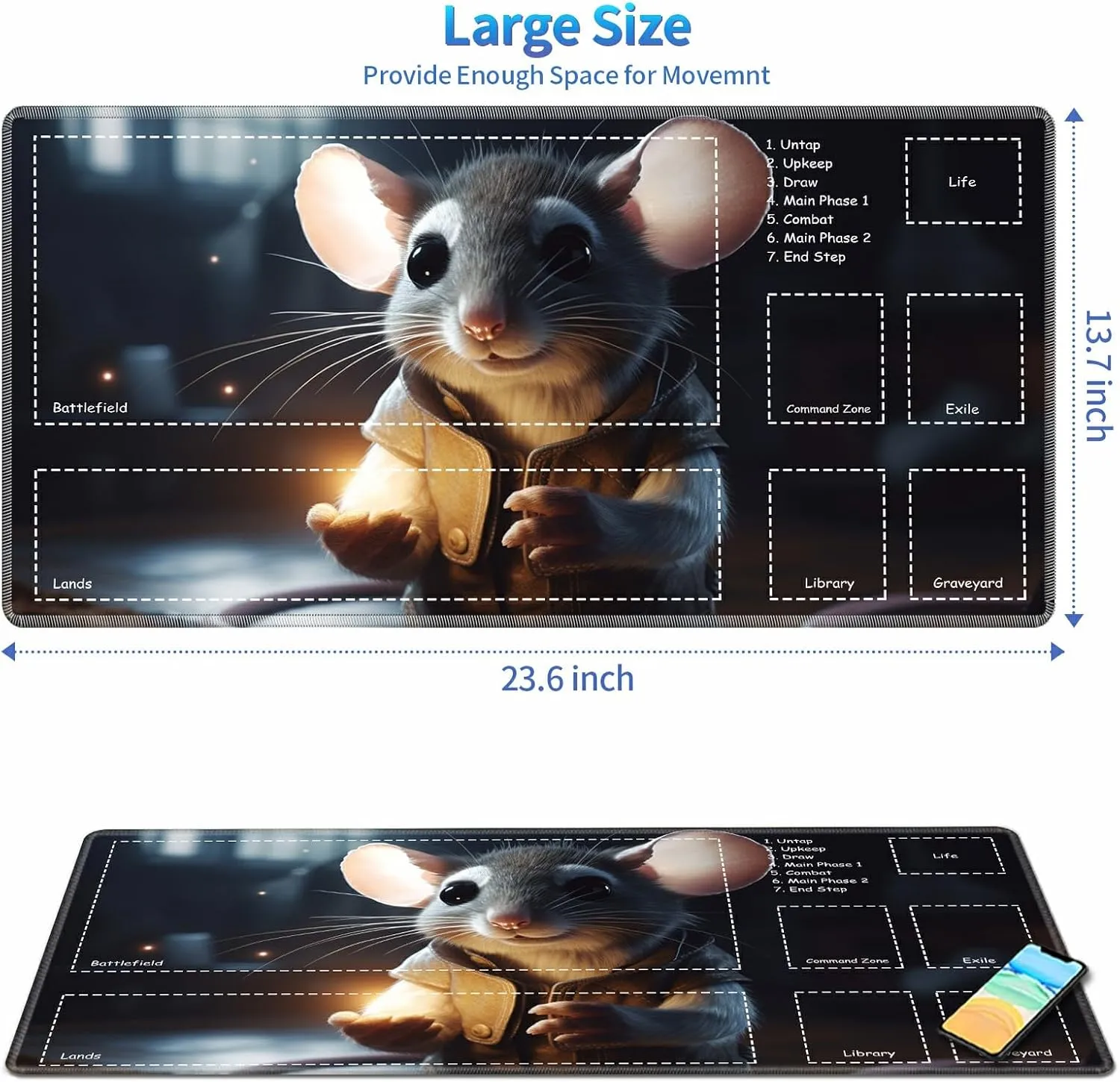 Playmat for MTG with Zones, 24 x 14 inches Game Play Mat for MTG TCG, Trading Card Game Play Mat Desk Mats with Stitched Edges Non-Slip Base, Cute Mouse