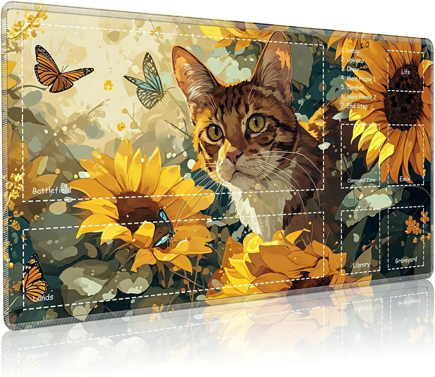 Playmat for MTG with Zones, 24 x 14 inches Game Play Mat for MTG TCG, Trading Card Game Play Mat Desk Mats with Stitched Edges Non-Slip Base, Sunflower Cat